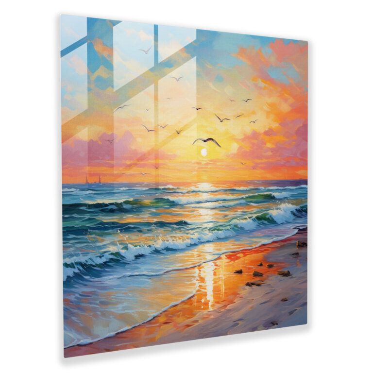 Strandglasdruck bei Sonnenuntergang - Leinwandbild Wanddekoration ruhige Szene lebendige Farben