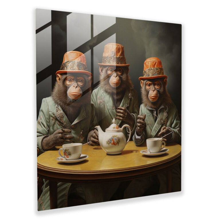 3 Monkey Tea Party Glasbild - Moderne Kunst Wohnkultur Surreales Ölgemälde