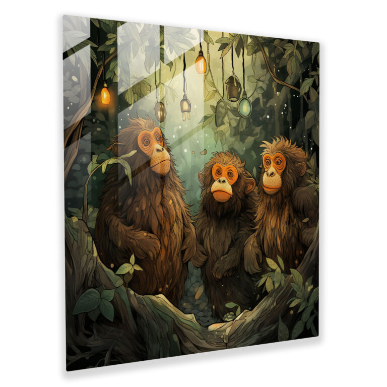 Glasbild mit 3 Affen - 3 Affen Wohn-Dekoration handgezeichnete Illustration weise Affen