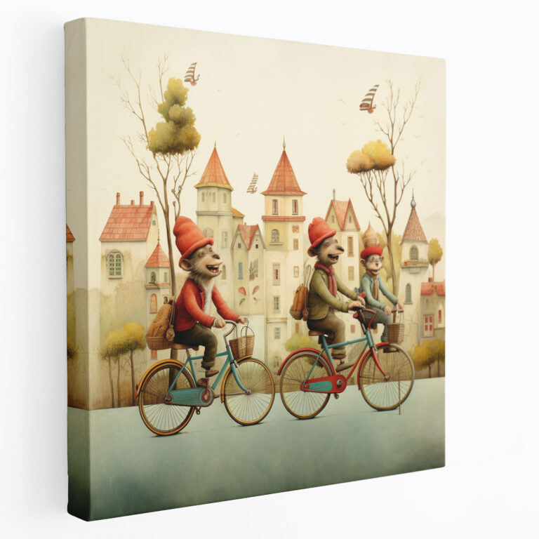 Bicycle Monkey Trio Leinwandbild - 3 Affen Wandkunst Fahrräder verspielte Illustration