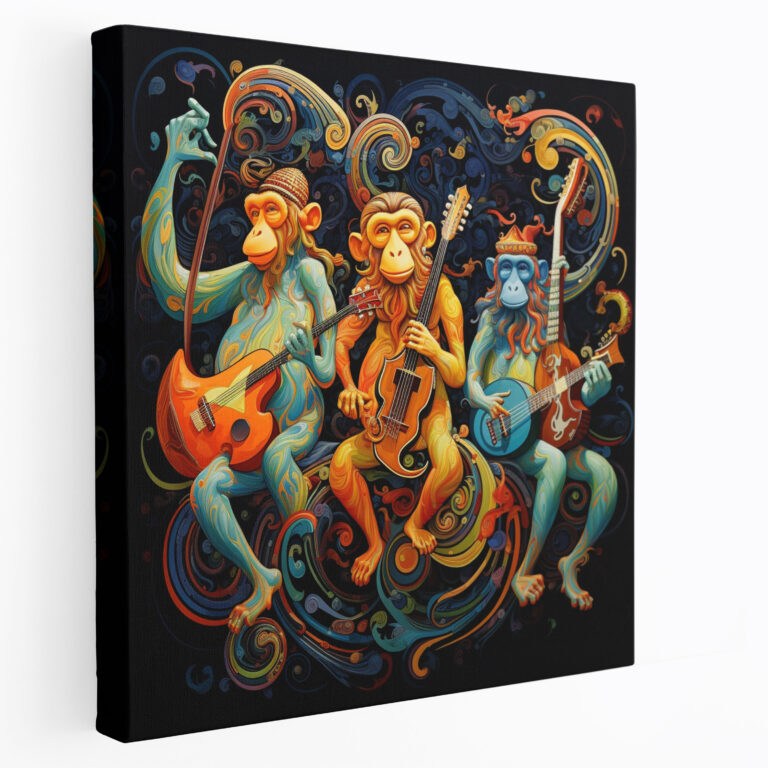 3 Affen Musik Leinwandbild - 3 Affen Musikinstrumente verspielte Illustration Harmonie