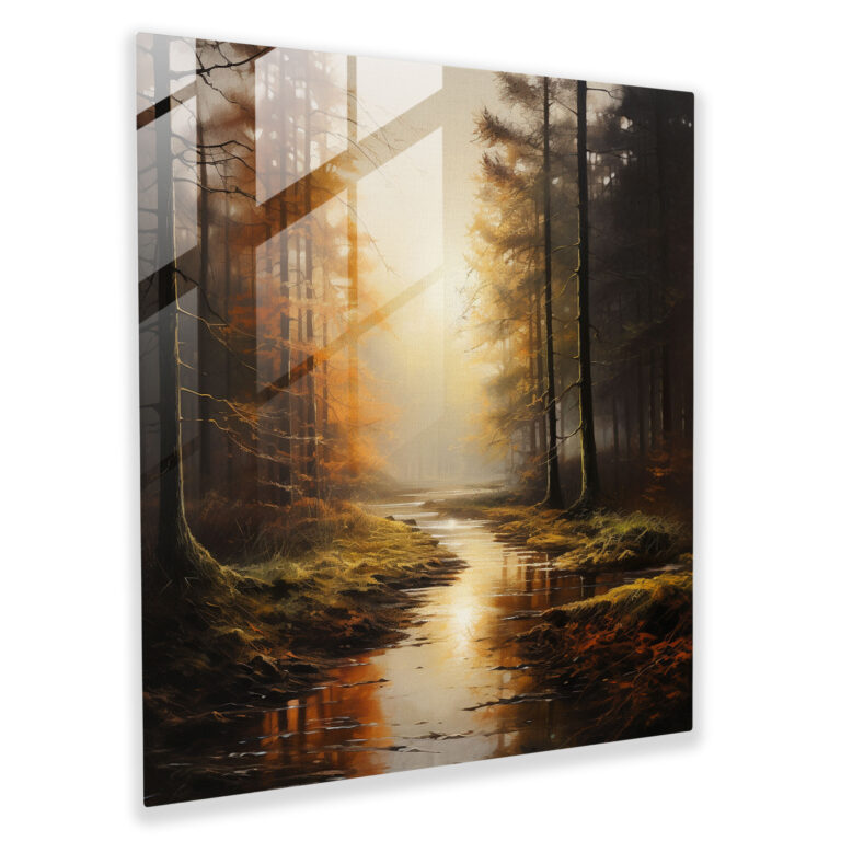 Idyllisches Glasbild eines ruhigen nebligen Waldlandschaft bei Sonnenaufgang - Moderne Kunst