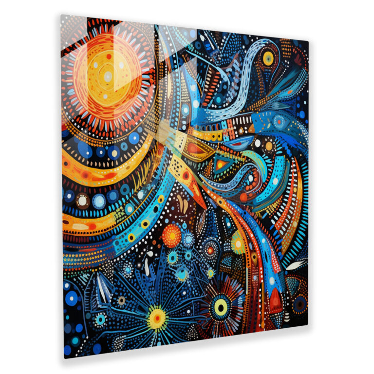 Aborigines Fusion Glasbild - Aboriginale moderne Kunst geometrische Muster Glaswandkunst.