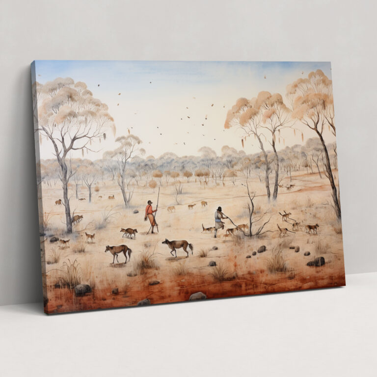 Leinwandbild Aborigines - Traditionelle Jagdszene mit Jägern und Hunden - Aborigines Leinwandkunst Jagdszene