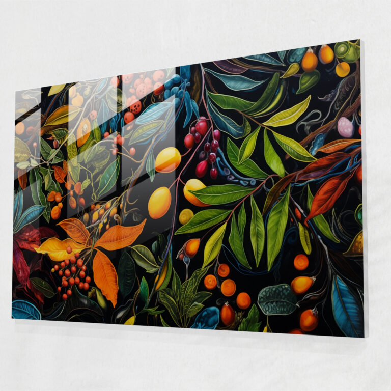 Bush Tucker Glass Art - Lebendiges von Aborigines inspiriertes Gemälde - Aborigines Glasbild Wanddekoration