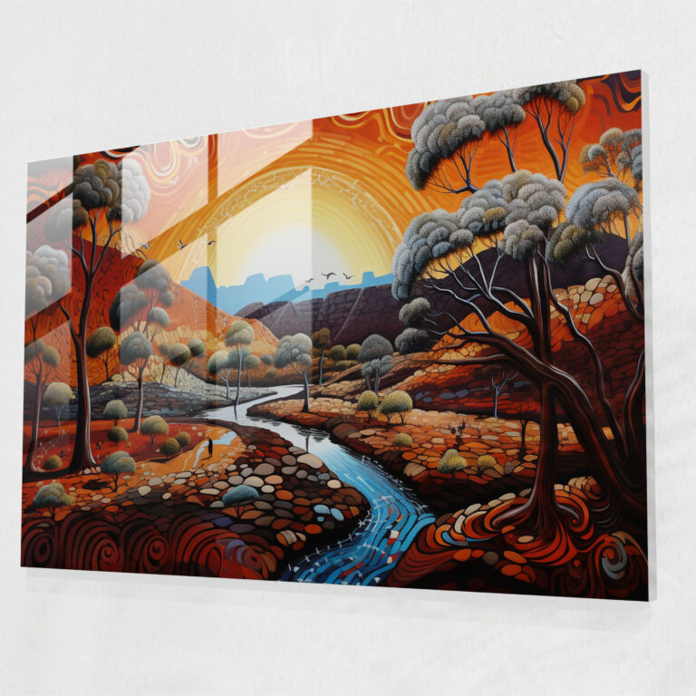 Glasbild mit aboriginalem Motiv - Heilige Stätten - Aboriginale Wohndekoration Glasbild Landschaftspanorama
