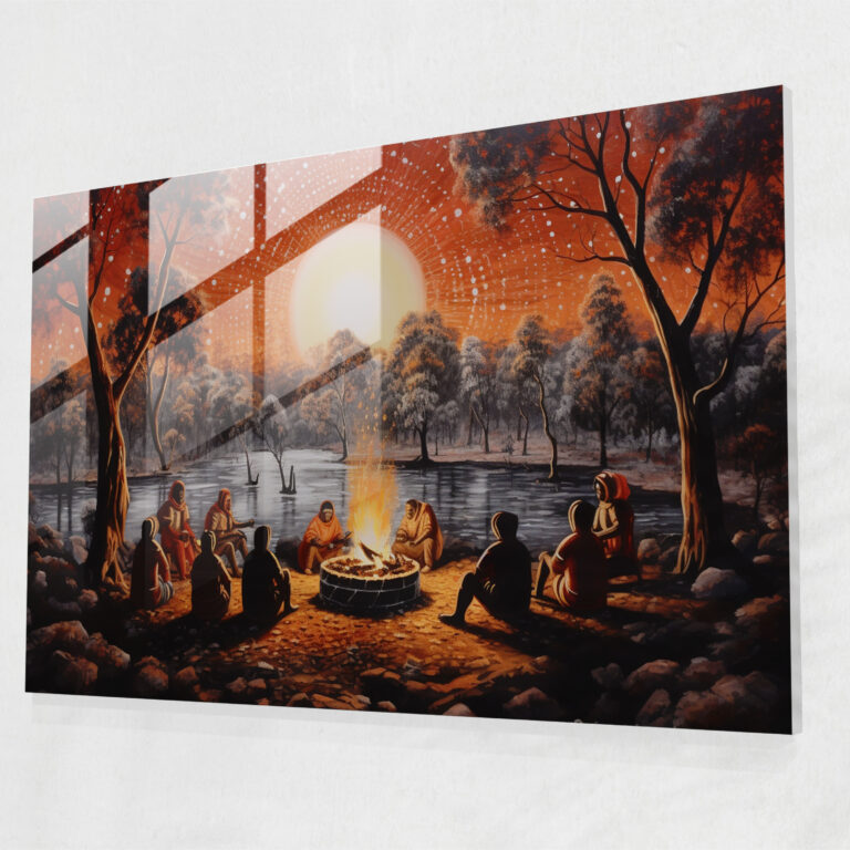 Aboriginelles Glasbild - Beisammensein am Feuer - Aborigines Glasbild Wanddekoration