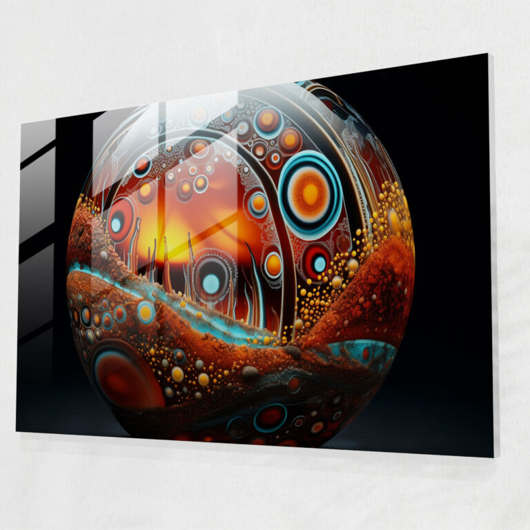 Glasbild Aboriginal Kunst - Surreale Fusion - Aboriginal Motive Glasmotiv Abstrakte Elemente