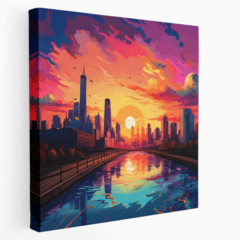 Lebendiges Stadtsonnenuntergang Pop Art Leinwandbild