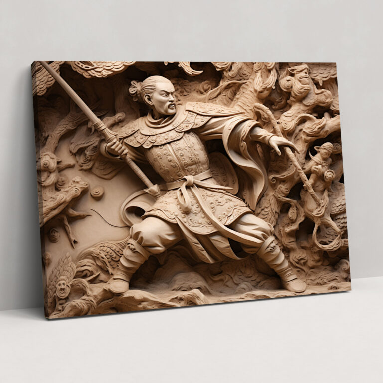 Wanddekoration mit antiken Waffen - Chinesischer Soldat mit Hellebarde - Leinwandbild Relief aus Kunstharz