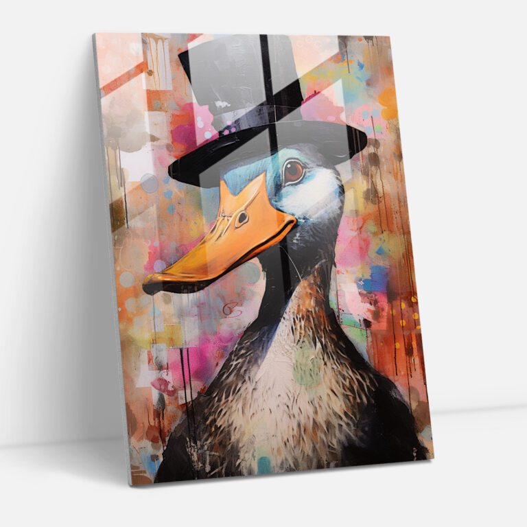 Glasbild Ente im Zylinder - Tiere im Menschen-Look Glas Kunst Moderne Kunst Ente im Zylinder.