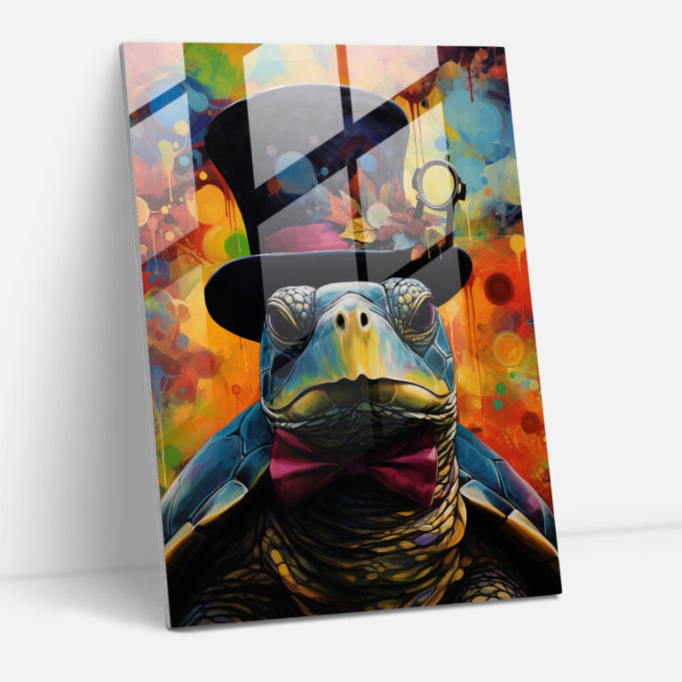 Tiere im Menschengewand - Buntes Schildkröten Glasbild - Tierische Mode Glasbild Abstrakte Kunstwerke