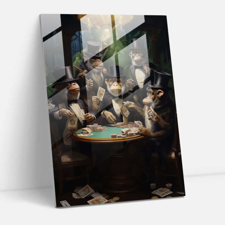 Tiere in Menschenkleidung Glasbild - Tiere in Menschenkleidung Grand Casino Zylinder surreales Kunstwerk