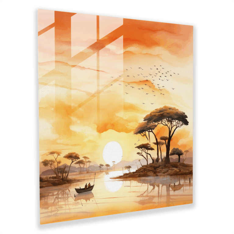 Elegantes Glasbild eines surrealen Aquarells afrikanischer Landschaft zur Wohnraumdekoration