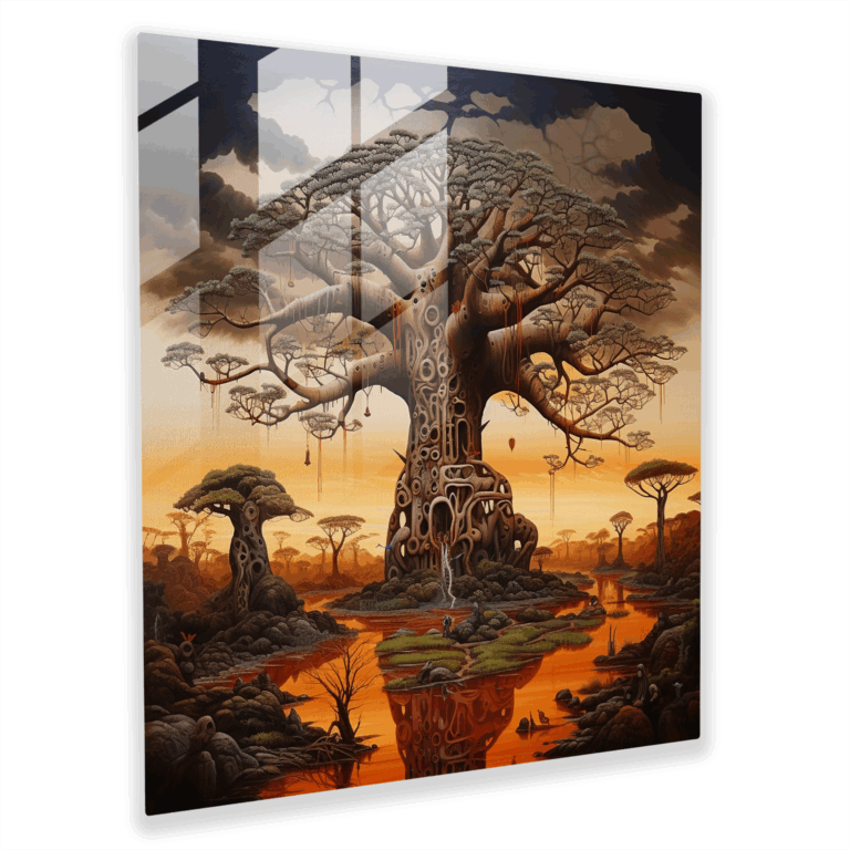 Verzauberndes Glasbild: Mystischer Baobab - Surreales Ölgemälde auf Glas Wohnkultur Glaskunst