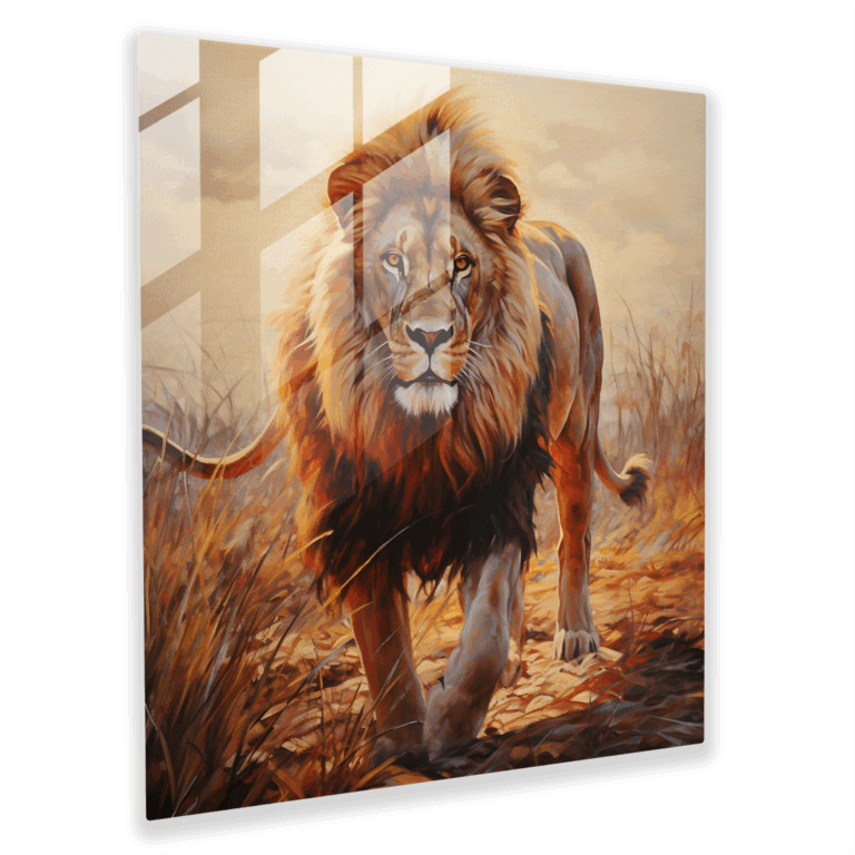 Faszinierendes Glasbild: Serengeti Löwen Impressionistisches Glaswandkunstwerk