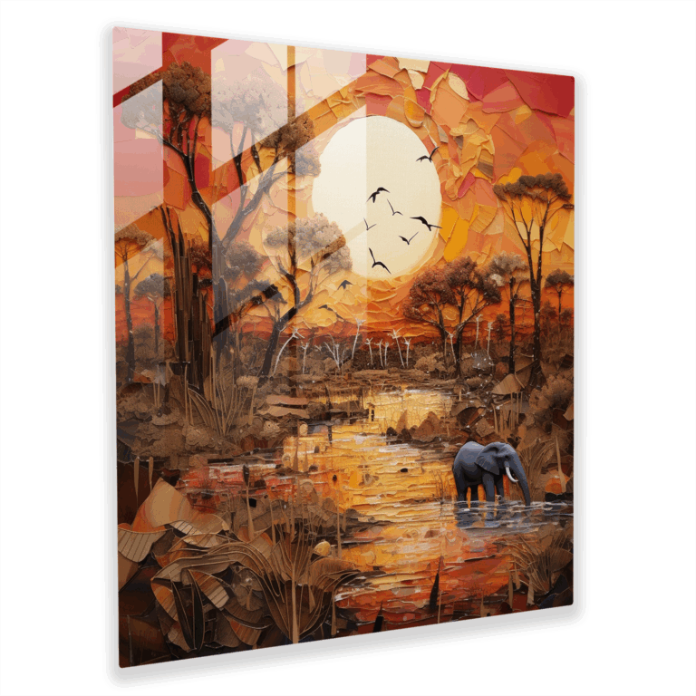 Geheimnisvolles Glasbild: Gelassener afrikanischer Sonnenuntergang Surreale Glaswandkunst