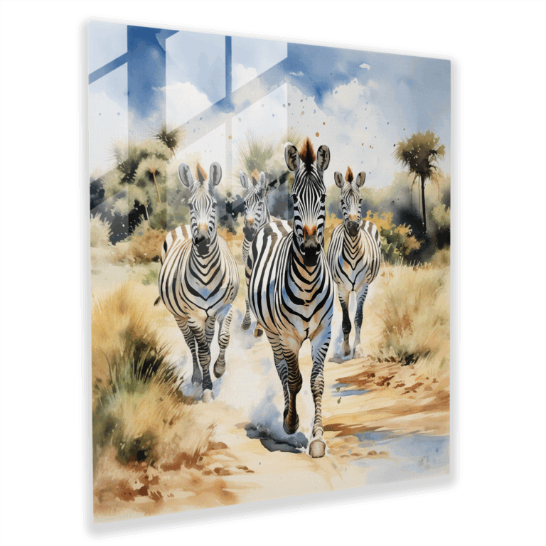 Edles Glasbild: Afrikanische Steppe Zebras Ausdrucksstarke Aquarell Glas Wandkunst