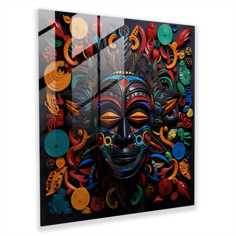 Glasbild: Afrikanische Stammesmaske Modernes Glaswandkunstwerk