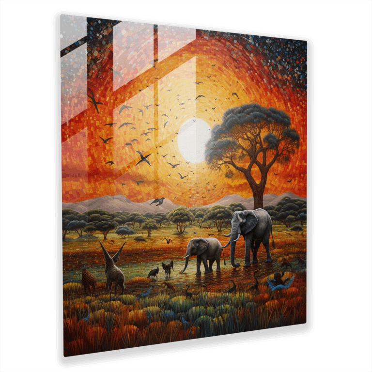 Glasbild Sonnenbeschienene Safari - Punktillismus Gemälde Glaswandkunst