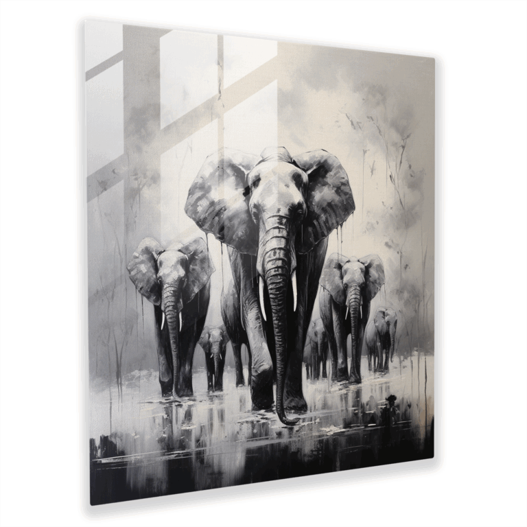 Ethereal Ink Glassbild - Monochromatisches Elefanten-Safari