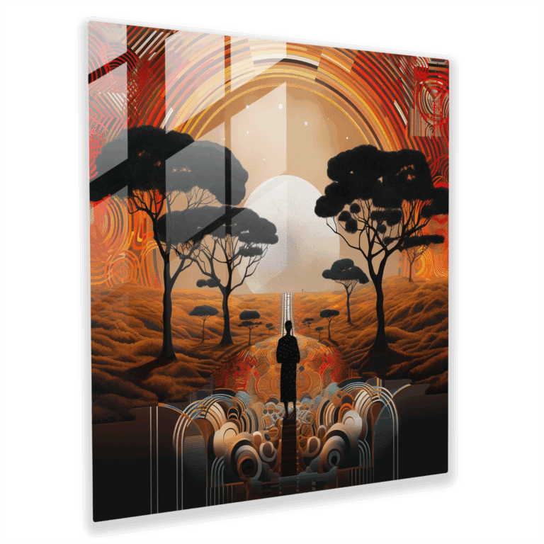 Glasbild mit futuristischen Vibes - Zeitgenössische digitale Glaswandkunst - Dekoration für das Zuhause mit afrikanischer Landschaft