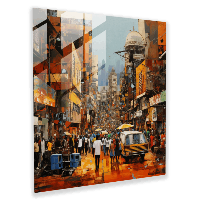 Dynamisches Stadtbild Glasbild - Moderne Collage Wandkunst aus Glas - Afrikanische Stadtbild Wohnkultur