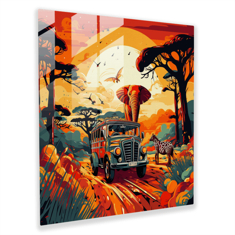 Spielerisches Safari Glasbild - Pop Art Illustration Glaswandkunst - Afrikanische Safari Wohnkultur