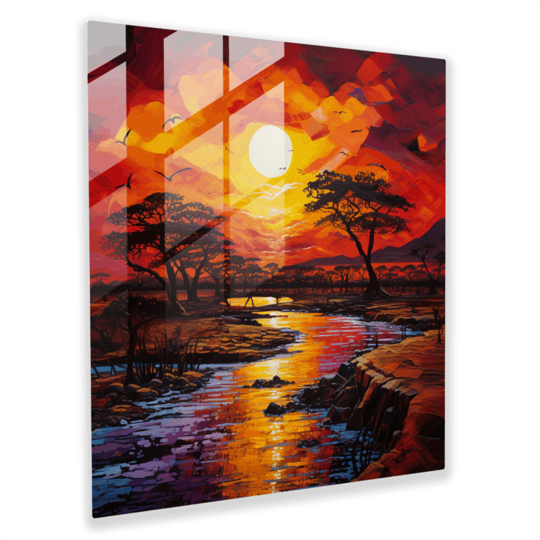 Buntes abstraktes Glasbild - Ruhiger afrikanischer Sonnenuntergang - Moderne Glaswandkunst
