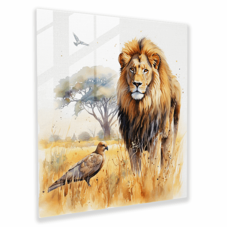 Verzauberndes Glasbild mit Wasserfarben - Majestätische afrikanische Tierwelt in der Savanne - Zarte Wandkunst aus Glas