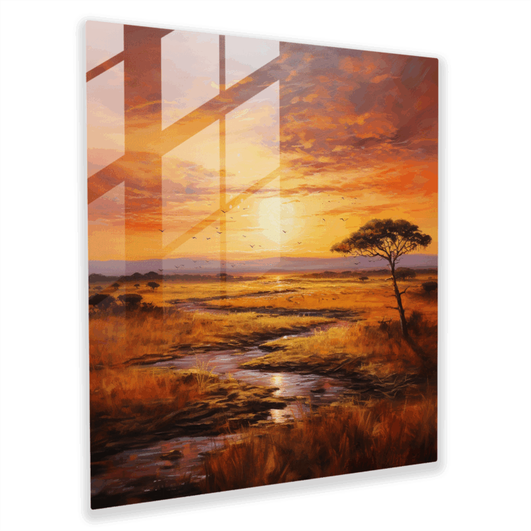 Glasbild Sonnenuntergangsstille - Impressionistisches Landschaftsglaswandkunstwerk - Modernes Kunstwerk für die Wohnraumgestaltung