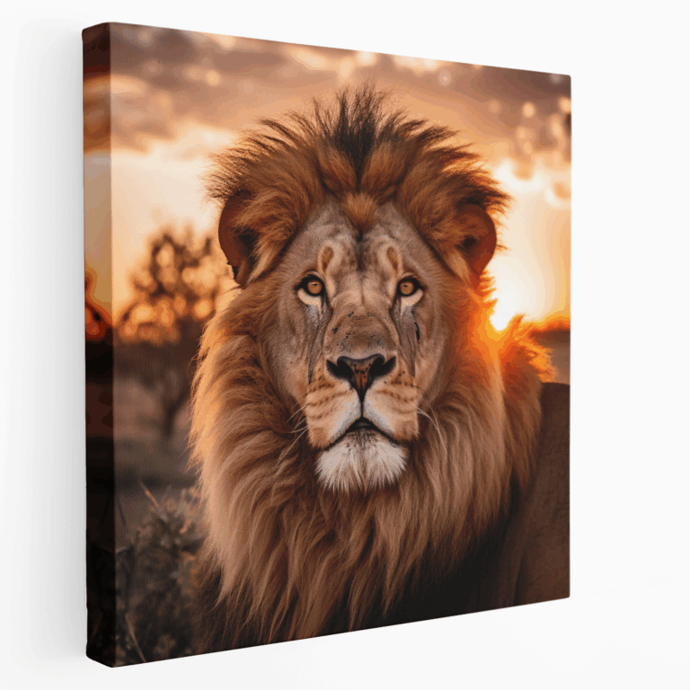 Majestätischer Löwe bei Safari Sonnenuntergang Leinwandbild
