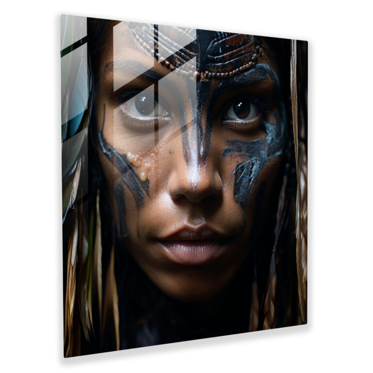 Amazonen Frauen Porträt Glasbild - Amazonen Frauen Durchdringende Augen Glas Wandkunst Glas Kunst