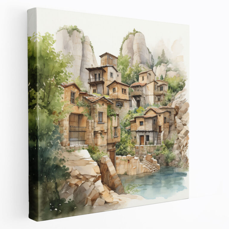Wandkunst aus Anatolien: Traditionelles anatolisches Dorf - Wasserfarb-Illustration - Leinwandbild - Traditionelles Dorf aus Anatolien