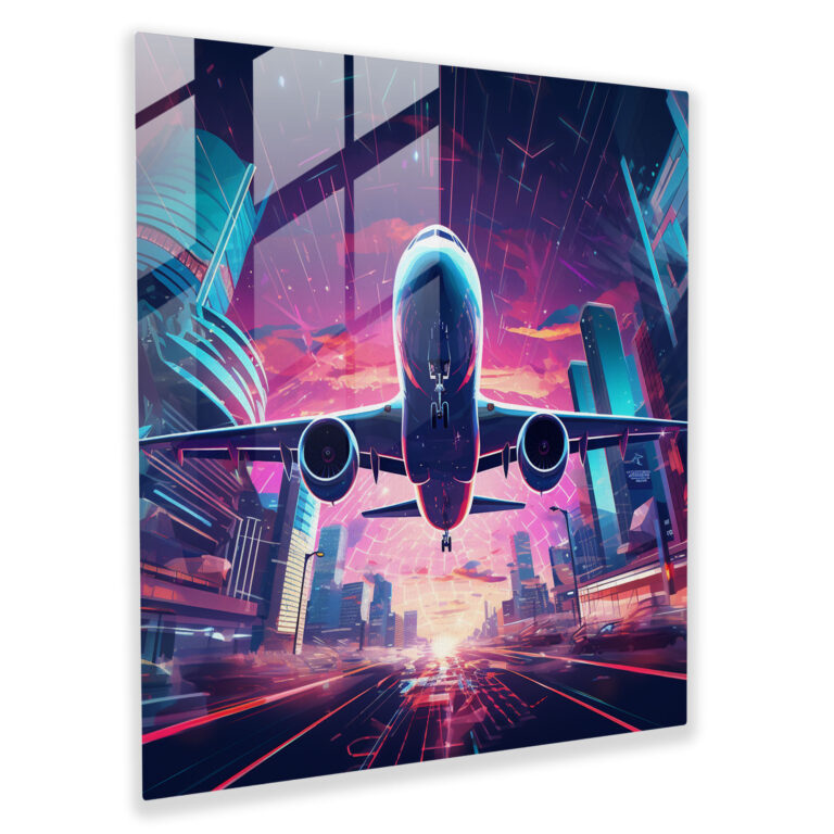 Moderne Glaswandkunst Flugzeug - Flugzeug Glasbild Moderne Kunst Futuristisches Digitalkunstwerk.