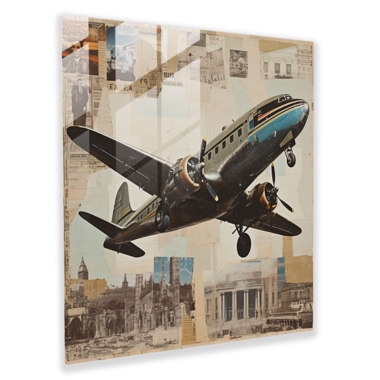 Flugzeug Glaswandkunst - Collage-Kunst - Nostalgie Flugzeug Glasbild