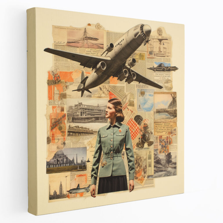 Luftiges Flugzeug Leinwandbild - Vintage Collage - Wanddekoration - Flugzeug Wandkunst Leinwandbild Verspielt