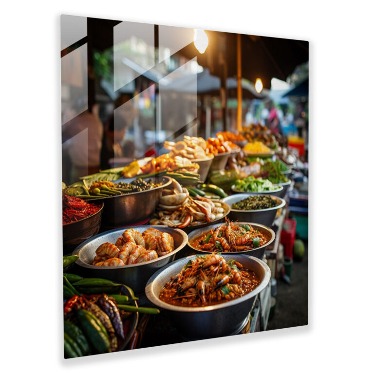 Glasbild Asiatisches Streetfood - Modernes Kunstwerk aus Asien Thailändischer Straßenmarkt Wanddekoration
