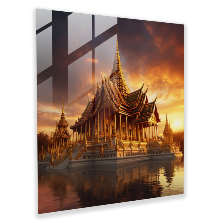 Asiatische Majestät Glasbild - Asiatische moderne Kunst Goldener Tempel Majestätisch.