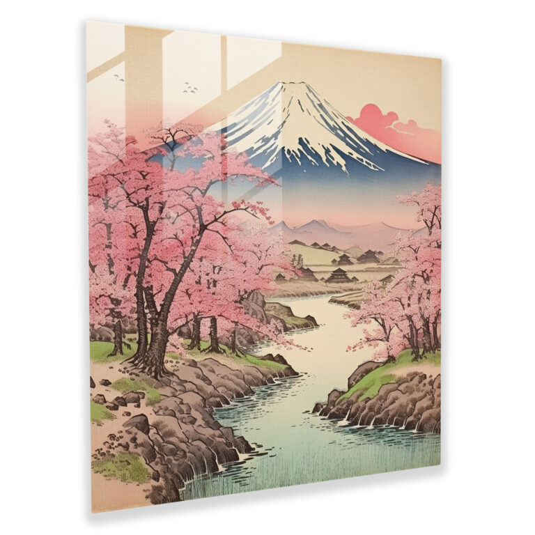 Asiatische Ruhe Glasbild - Asiatische moderne Kunst friedliche Berglandschaft