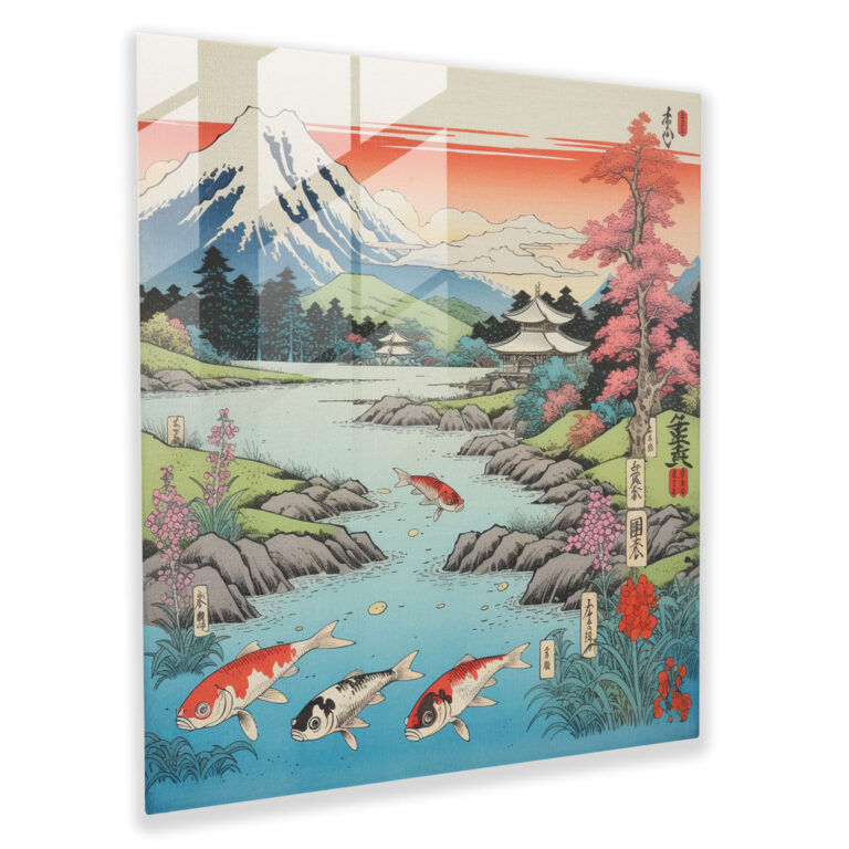 Asiatisches Holzblock-Glasbild - Asiatisch Glaswandkunst Holzblockdruck Glasbild