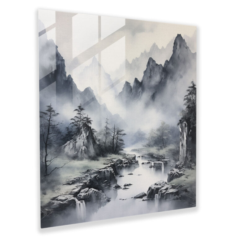 Asia Tuschwaschglasbild - Majestätische Berglandschaft - Asiatisch Glas Kunst Modern