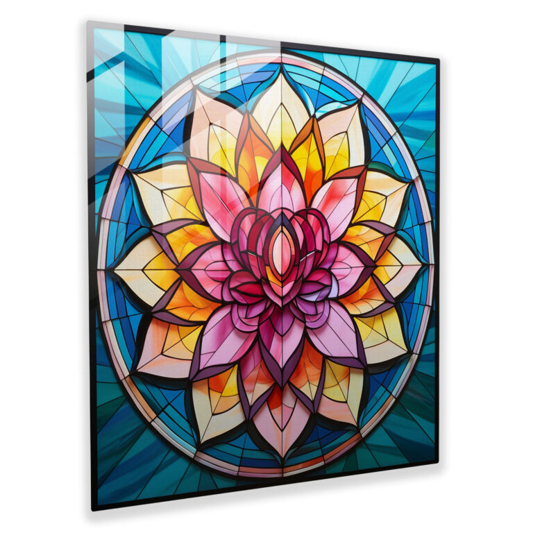 Asiatisches Glasbild mit lebendigem Lotusblumenmotiv - Asiatische Heimdekoration Wanddekoration