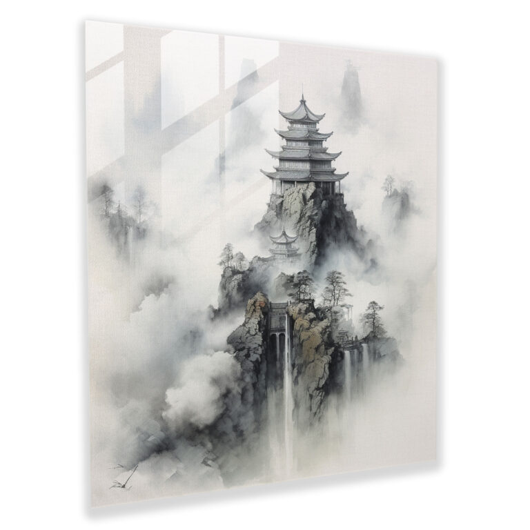 Glasbild mit asiatischer Kalligrafie - Ruhevolles Bergtempel-Design