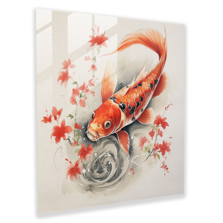 Glasbild mit asiatischen Koi-Fischen - Weise und ruhige Pinselkunst - Asiatisch Wohnkultur Moderne Kunst Glas-Kunst