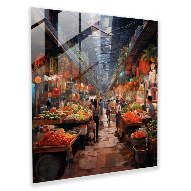 Glasbild Asiatischer Markt - Lebendige zeitgenössische Collage - Asiatisch Glasbild Markt