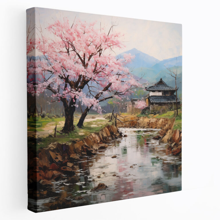 Leinwandbild Asiatische Blüten - Asiatisches impressionistisches Landschaftsgemälde Leinwand Wandkunst