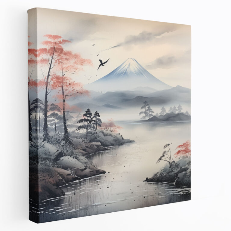 Leinwandbild – Traditionelle japanische Tuschmalerei – Berg Fuji Wandkunst – Asiatisch Friedlich Berg Fuji Leinwandwandkunst