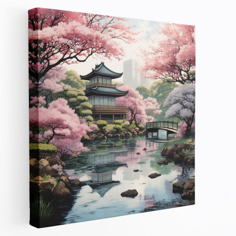 Asiatische Wandkunst - Ruhevolle japanische Gartenlandschaft Leinwandbild - Asiatisch ruhige japanische Gartenlandschaft Kirschblütenbäume Wanddekoration