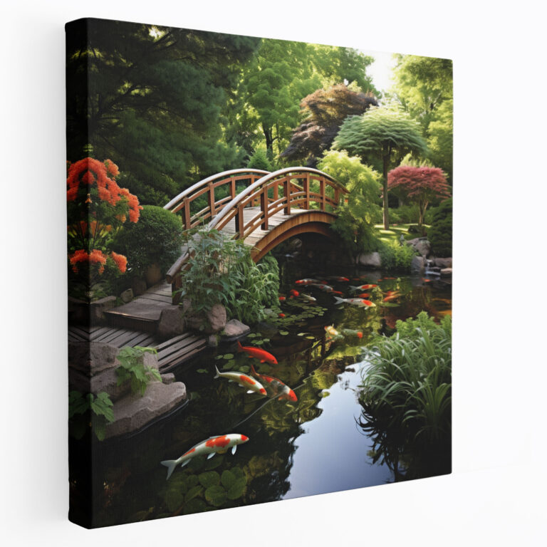 Asiatisches Leinwandbild: Teichgarten mit Kois - Asiatische Wandkunst für Zuhause